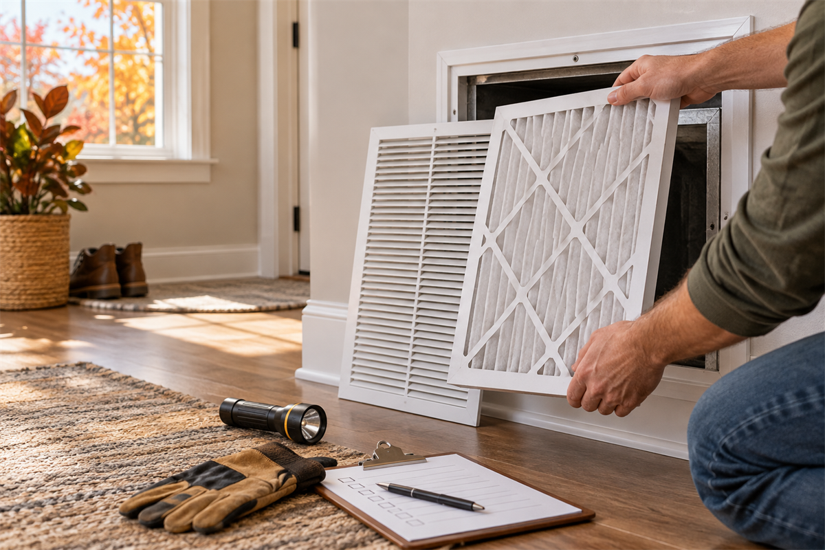 Homeowner replacing an HVAC filter as part of fall maintenance.