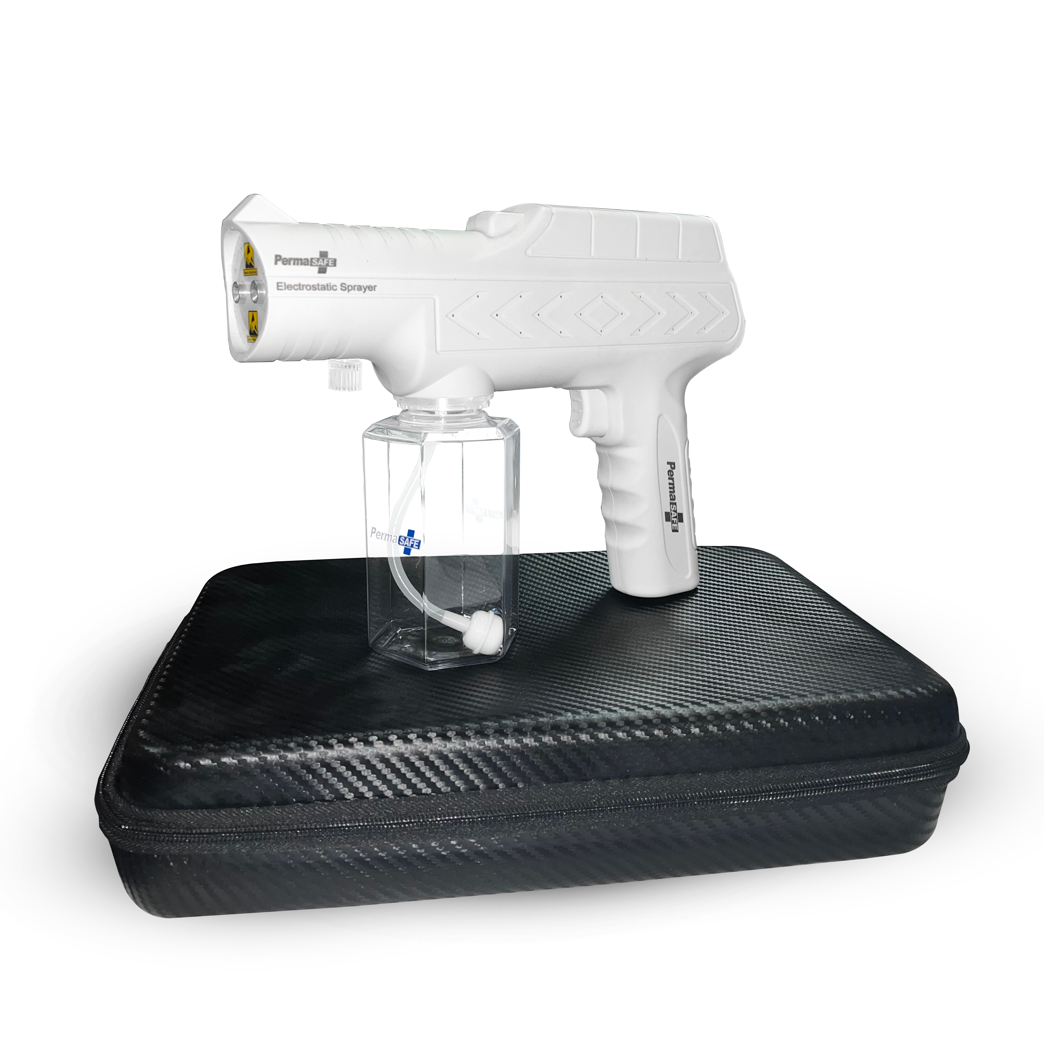 White electronic sprayer with clear container on a black case against a white background