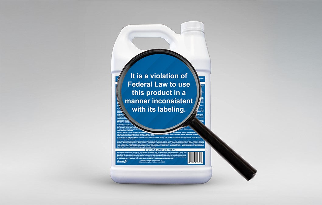 magnifying glass over product label that says "it is a violation of federal law to use this product in a manner inconsistent with its labeling"