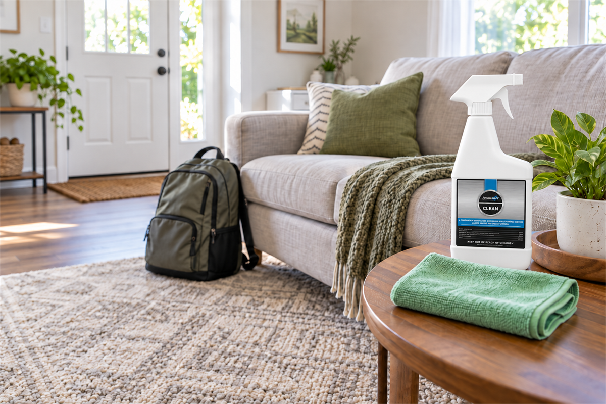 Sofa, carpet, backpack, and PermaSafe cleaning supplies for soft surface cleaning.