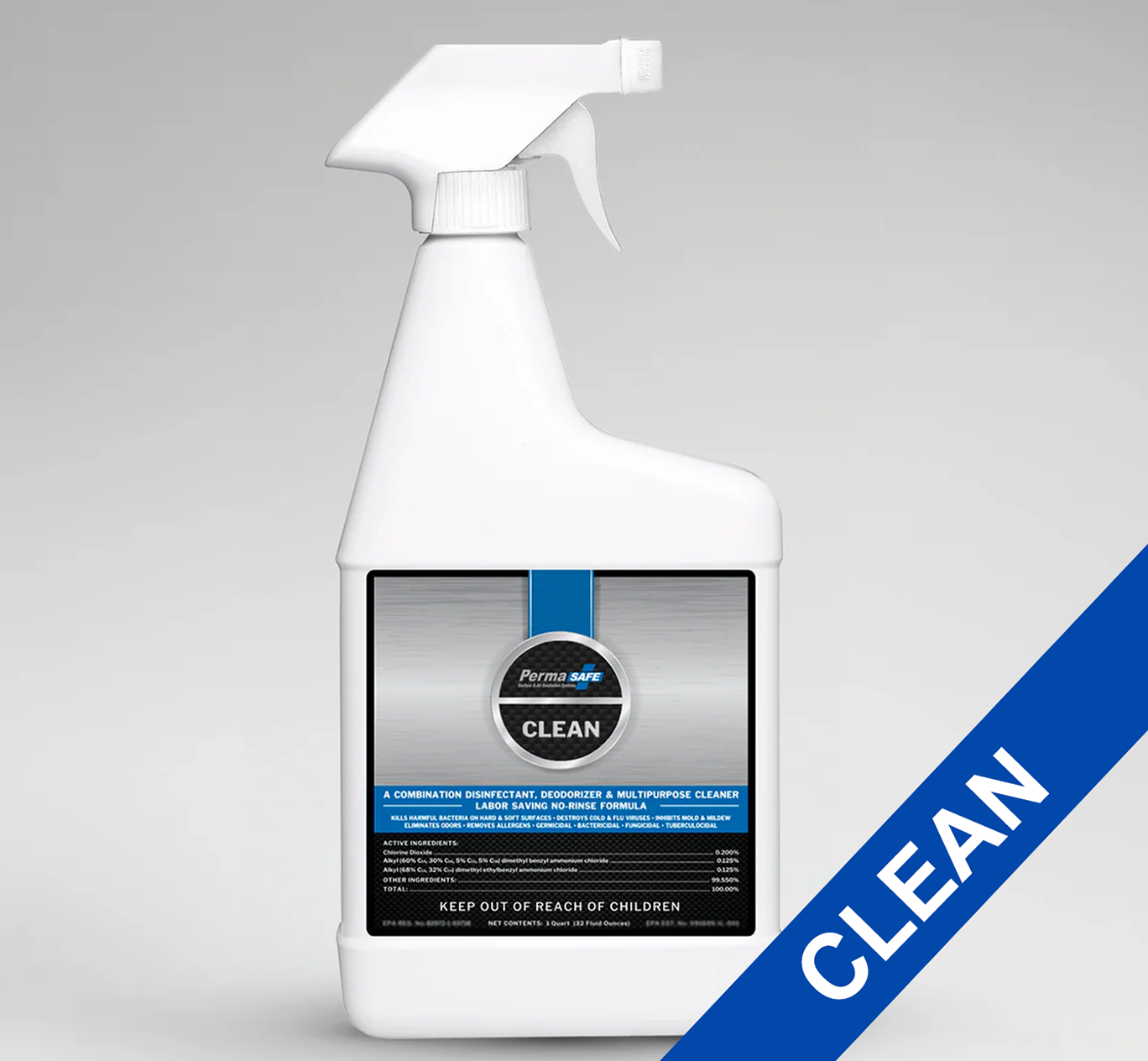 Clean Shield 32oz disinfectant spray bottle side view with branding