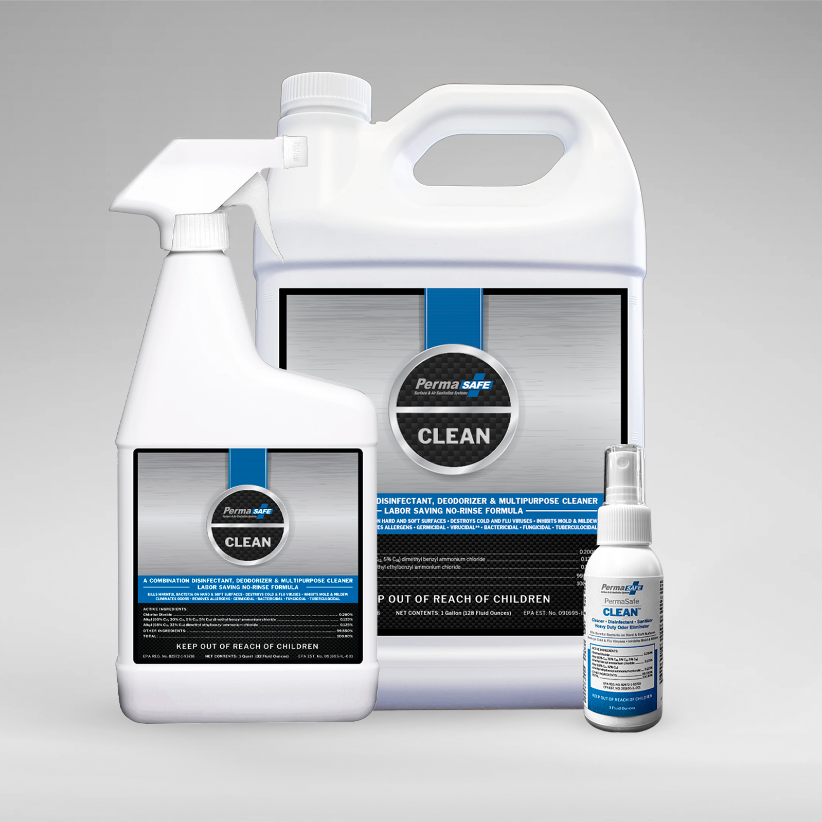 Varying size bottles of PermaSafe Clean, the 1-Step, Advanced-Level Disinfectant Cleaner & Deodorizer; Hard, Soft, and Food Contact Surface Sanitizer; Mold, Mildew, Fungi & Allergen Remover and More, which according to the CDC, may also be  The Ideal Disinfectant!