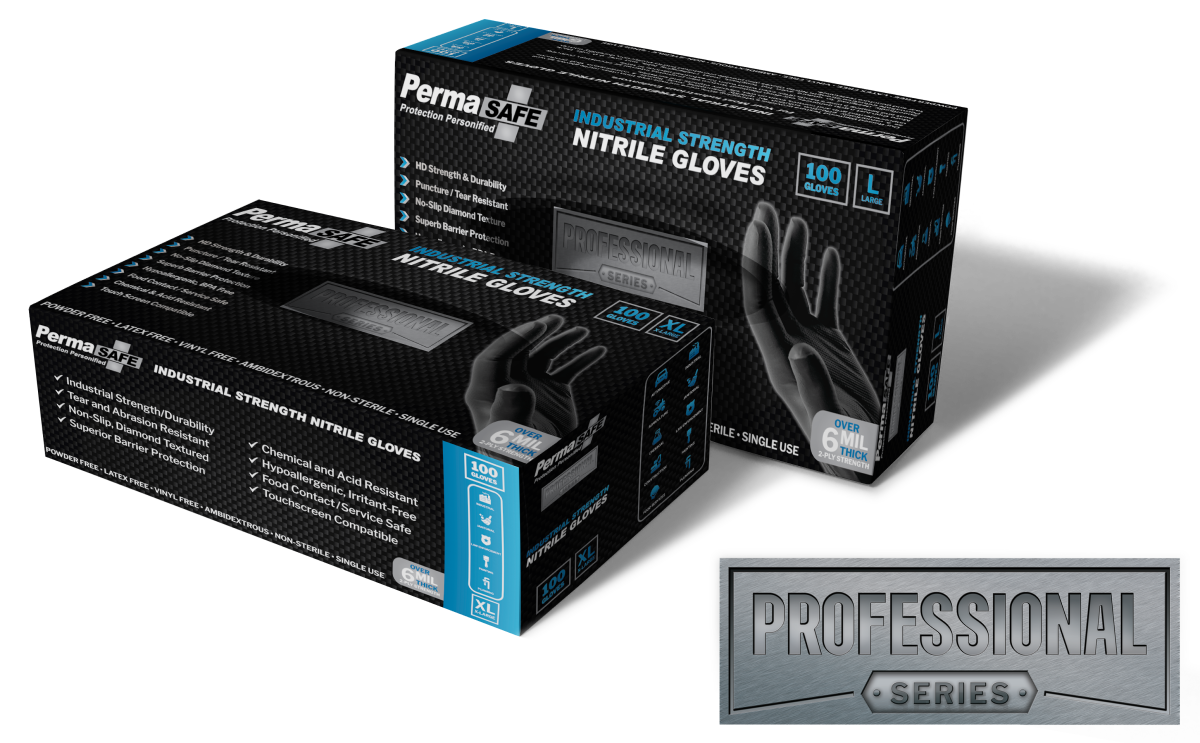 Boxes of permasafe industrial strength nitrile gloves, featuring a badge that says professional series, which were designed and purpose-engineered to take on the toughest, most challenging tasks