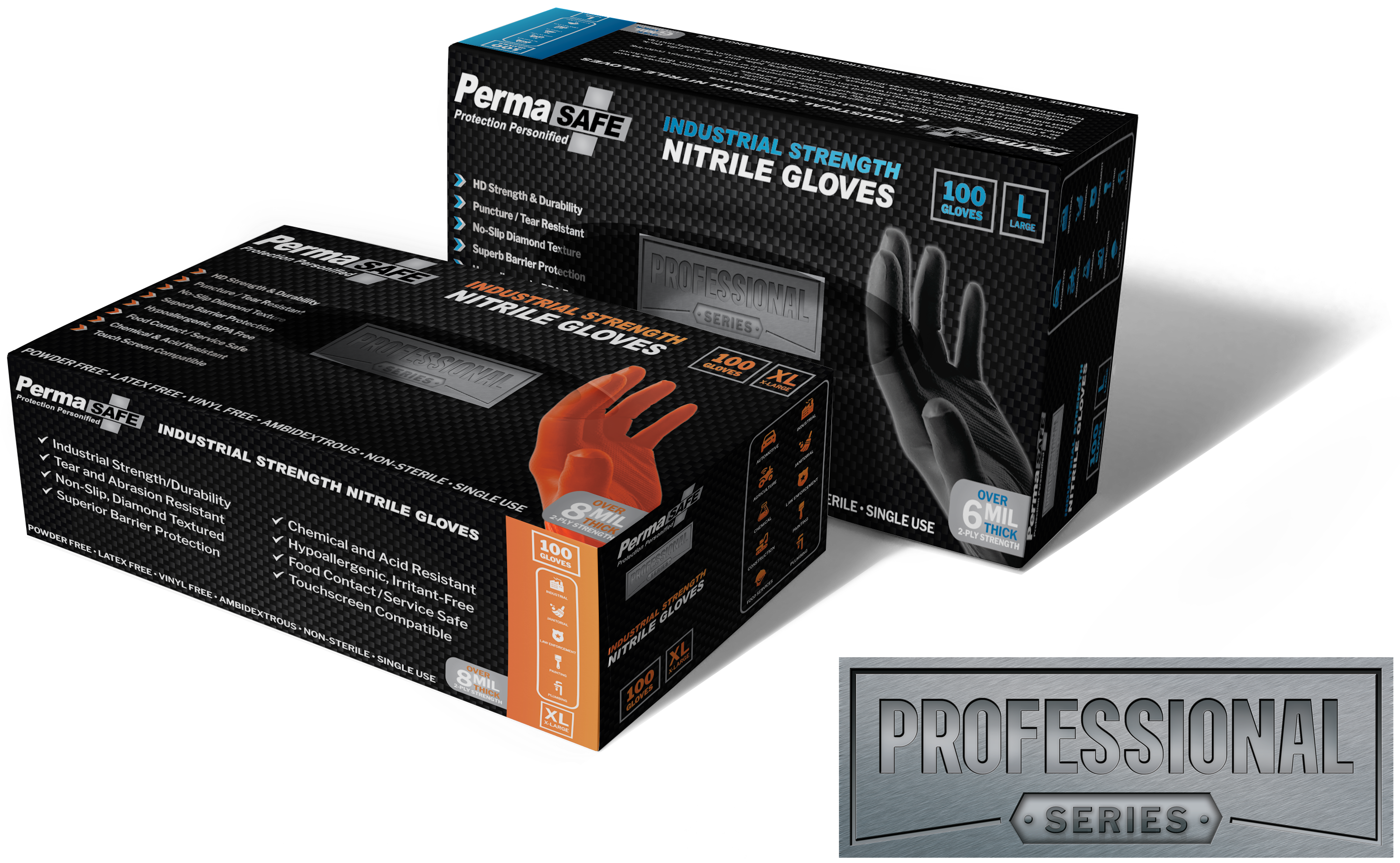 Boxes of permasafe industrial strength nitrile gloves, featuring a badge that says professional series, which were designed and purpose-engineered to take on the toughest, most challenging tasks