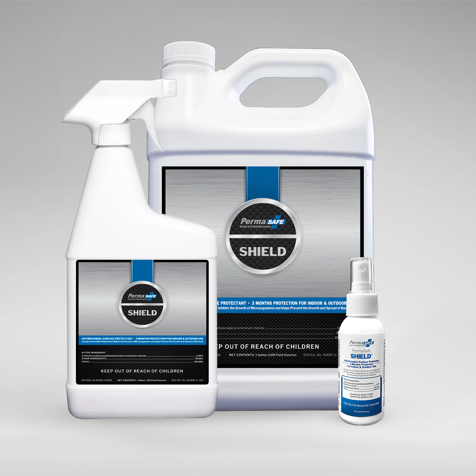 Varying sized bottles of PermaSafe Shield, our 90-Day Antimicrobial Surface Protectant that Inhibits the Growth of Microorganisms and Helps Prevent the Growth and Spread of Bacteria on almost Every Type of Surface and Material, Indoors or Out, for up to 3 Months.