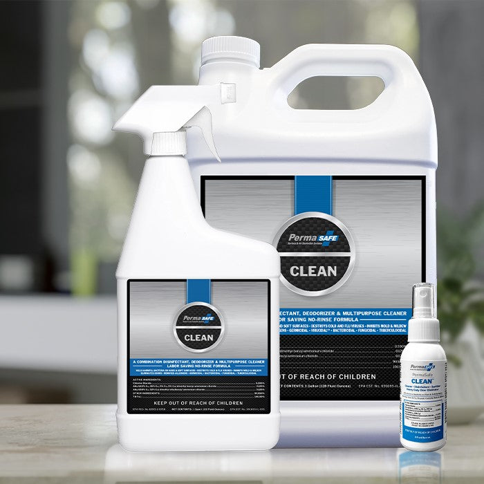 PermaSafe CLEAN is the Ideal Disinfectant, killing over 99.999% of germs safely, and comes in a variety of sizes