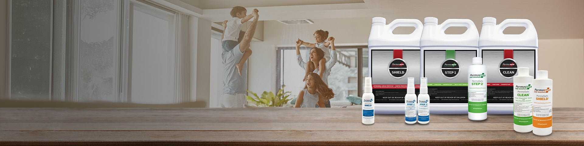 various bottles of permasafe hvac solutions products sitting on a tabletop in a home, highlighting our INNOVATIVE INDOOR AIR QUALITY
& SPECIALTY CHEMICAL SOLUTIONS FOR THE HVAC SERVICE TRADES