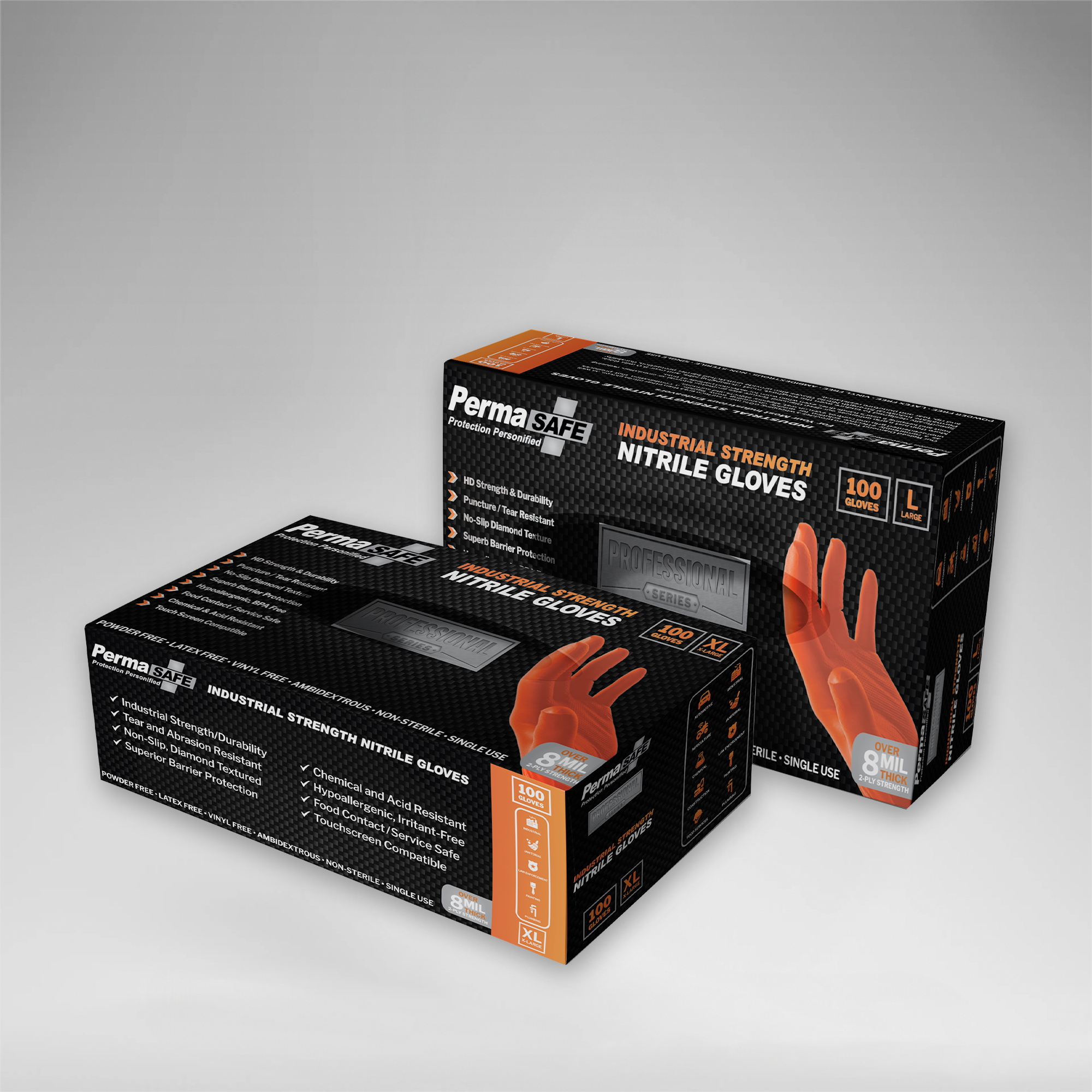 Boxes of permasafe extreme-duty  industrial strength nitrile gloves which were designed and purpose-engineered to take on the toughest, most challenging tasks