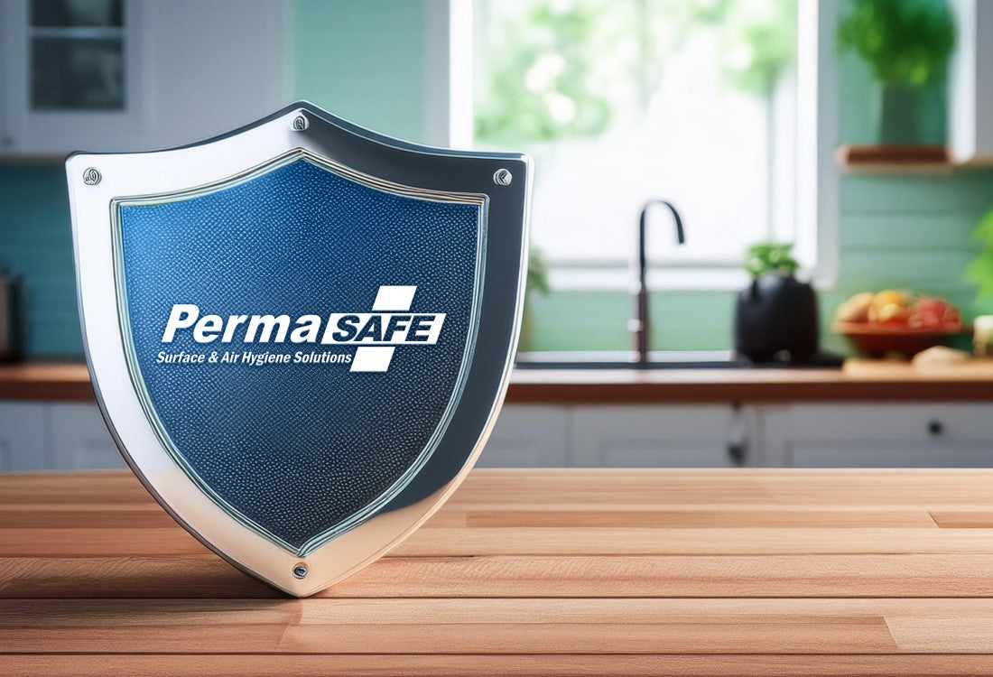 The PermaSafe logo contained within a shield shape, illustrating that PermaSafe products provide  lasting protection against many microbes, lasting up to 90 days when properly applied.