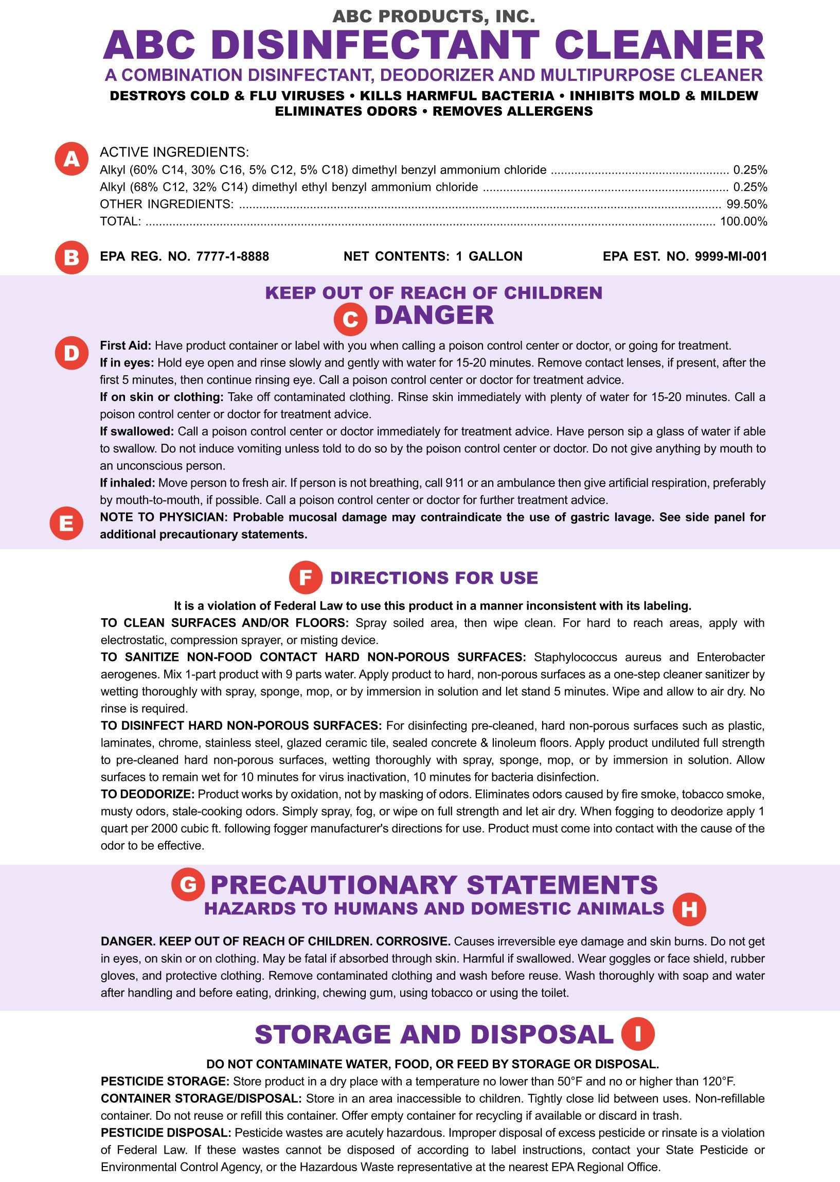A sample disinfectant label with sections marked by referring letters.